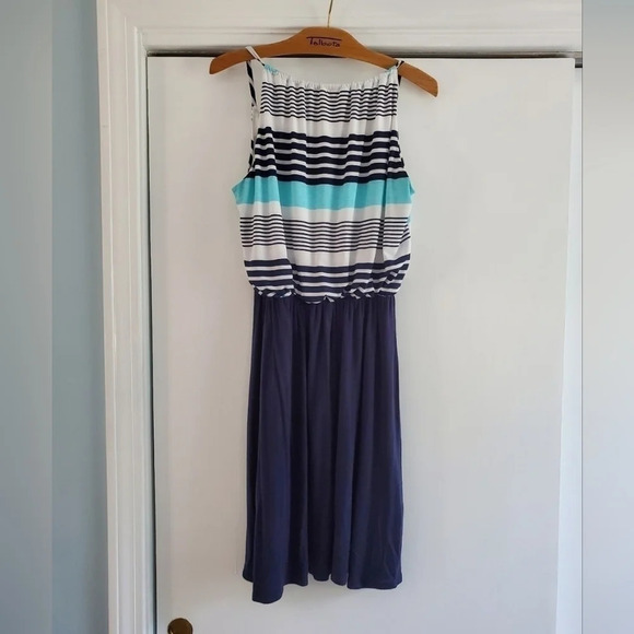 Vanilla Bay Casual Blue White Stripe Striped High Neck Tank Small Dress - Picture 2 of 7